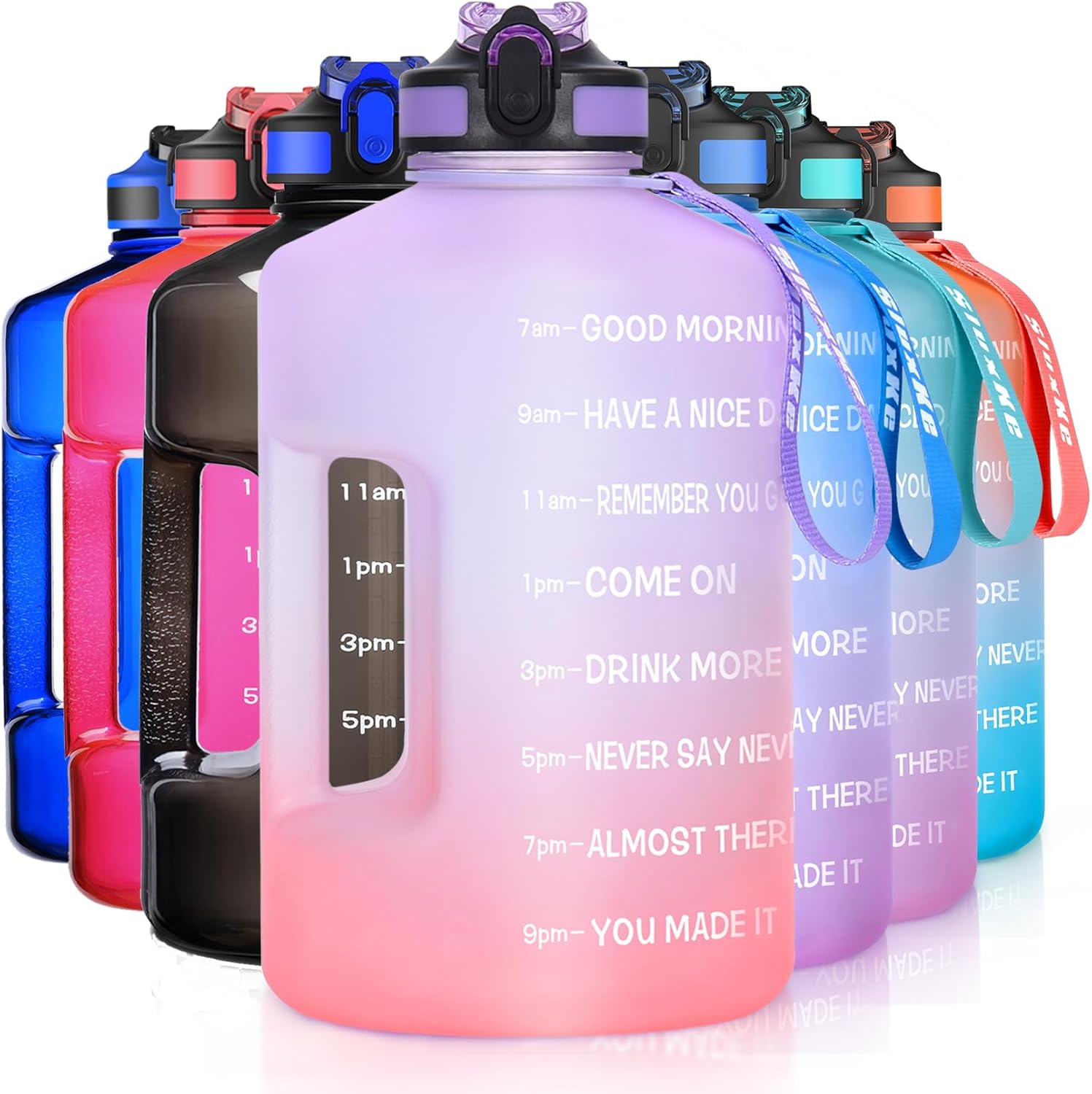 1 Gallon Water Bottle with Time Marker, Straw, and Handle - BPA Free 128oz Leak Proof Jug for Sports - Large Motivational Hydration Bottle