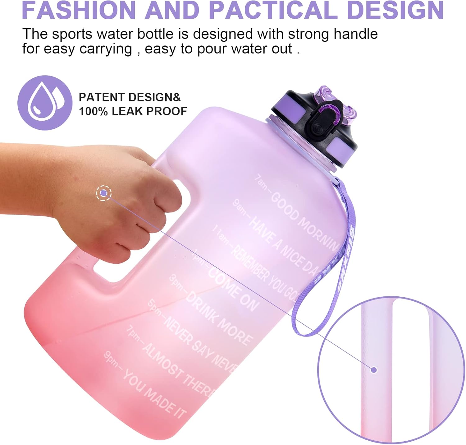 1 Gallon Water Bottle with Time Marker, Straw, and Handle - BPA Free 128oz Leak Proof Jug for Sports - Large Motivational Hydration Bottle