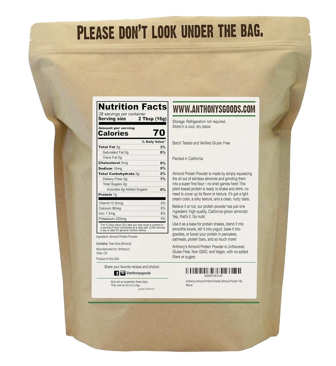 1 lb Anthony's Almond Protein Powder - Gluten Free, Non GMO, Plant Based - USA Made