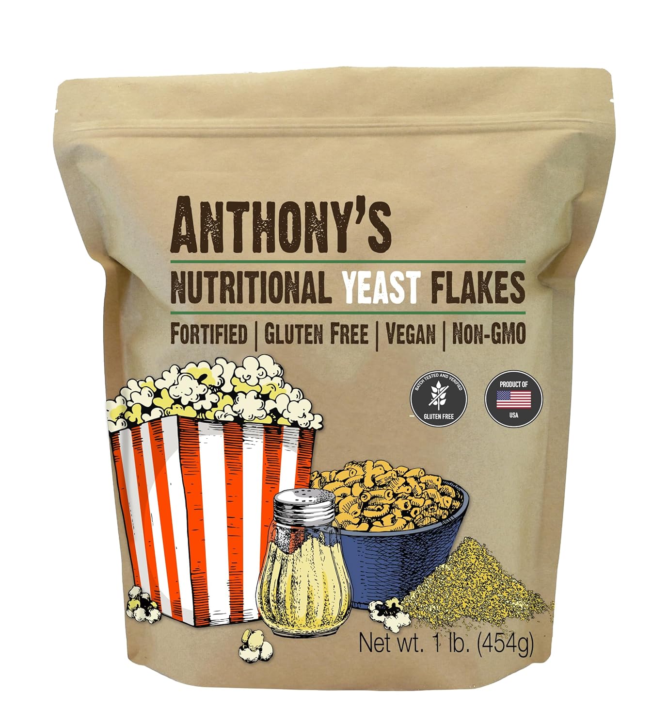1 lb Anthony's Premium Nutritional Yeast Flakes - Fortified, Gluten Free, Non GMO, Vegan