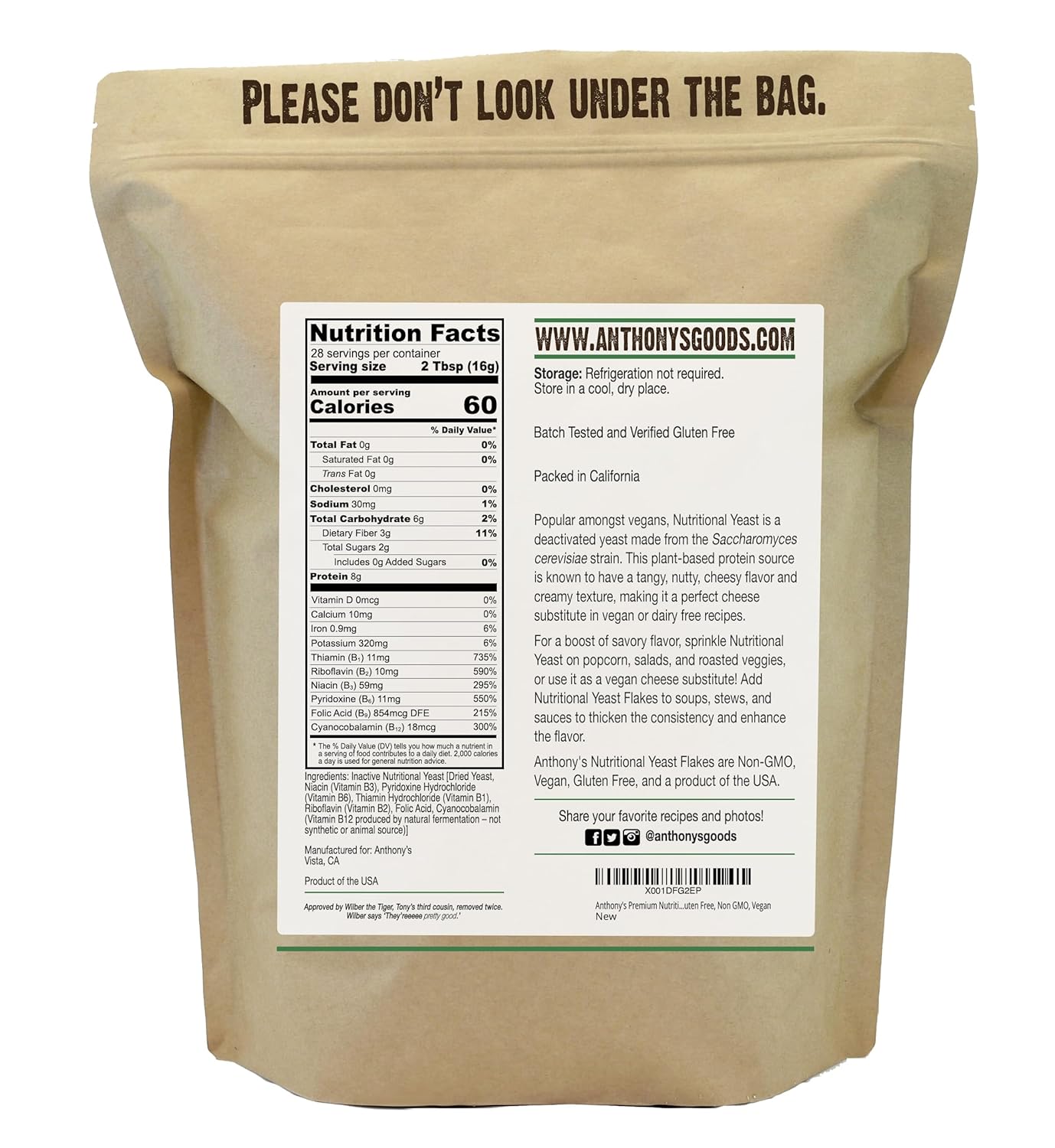 1 lb Anthony's Premium Nutritional Yeast Flakes - Fortified, Gluten Free, Non GMO, Vegan