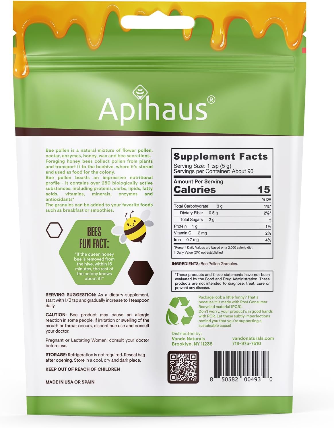 1 lb. Apihaus Bee Pollen Granules - 100% Pure Raw Superfood - Premium Quality, Gluten Free