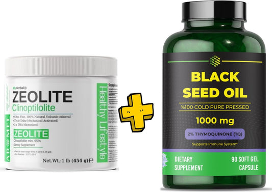 1 lb Aromel Zeolite Clinoptilolite Powder with 90 Softgel Capsules of Black Seed Oil