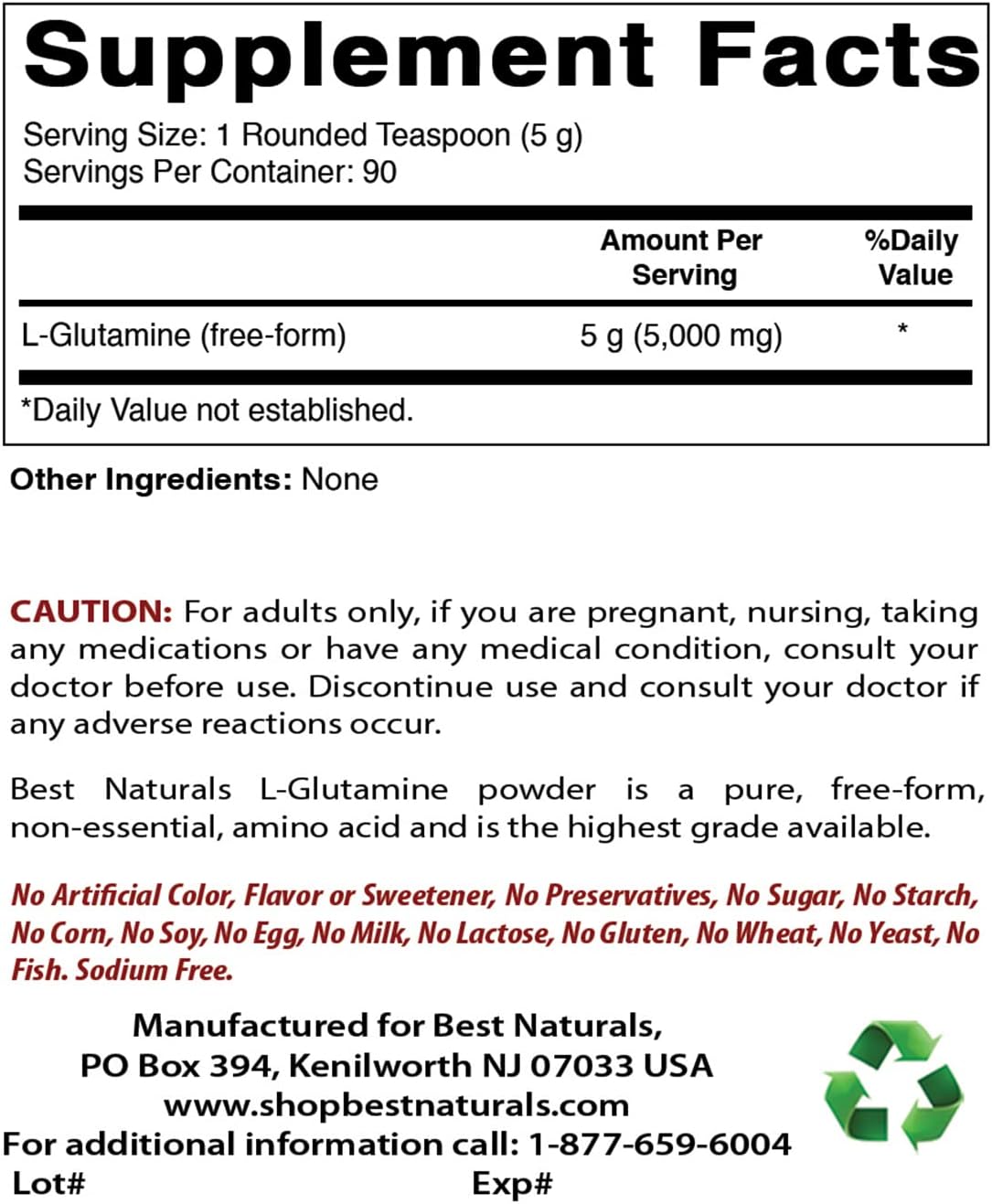 1 LB Best Naturals L-Glutamine Pure Powder with 425 mg Magnesium Glycinate - High Quality Supplements