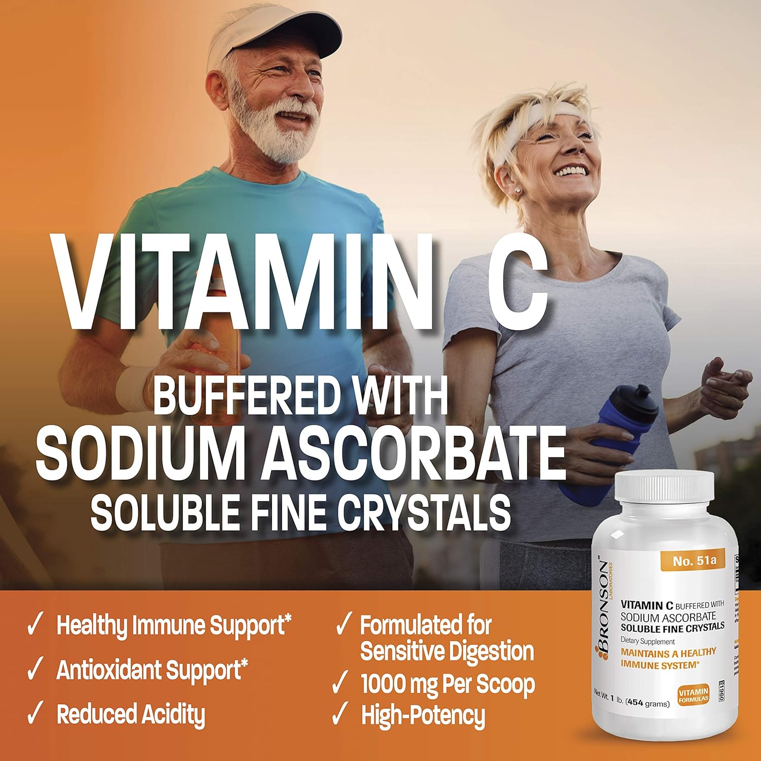 1 lb Bronson Buffered Vitamin C Powder with Sodium Ascorbate for Immune Support & Antioxidant Protection - Fine Crystals
