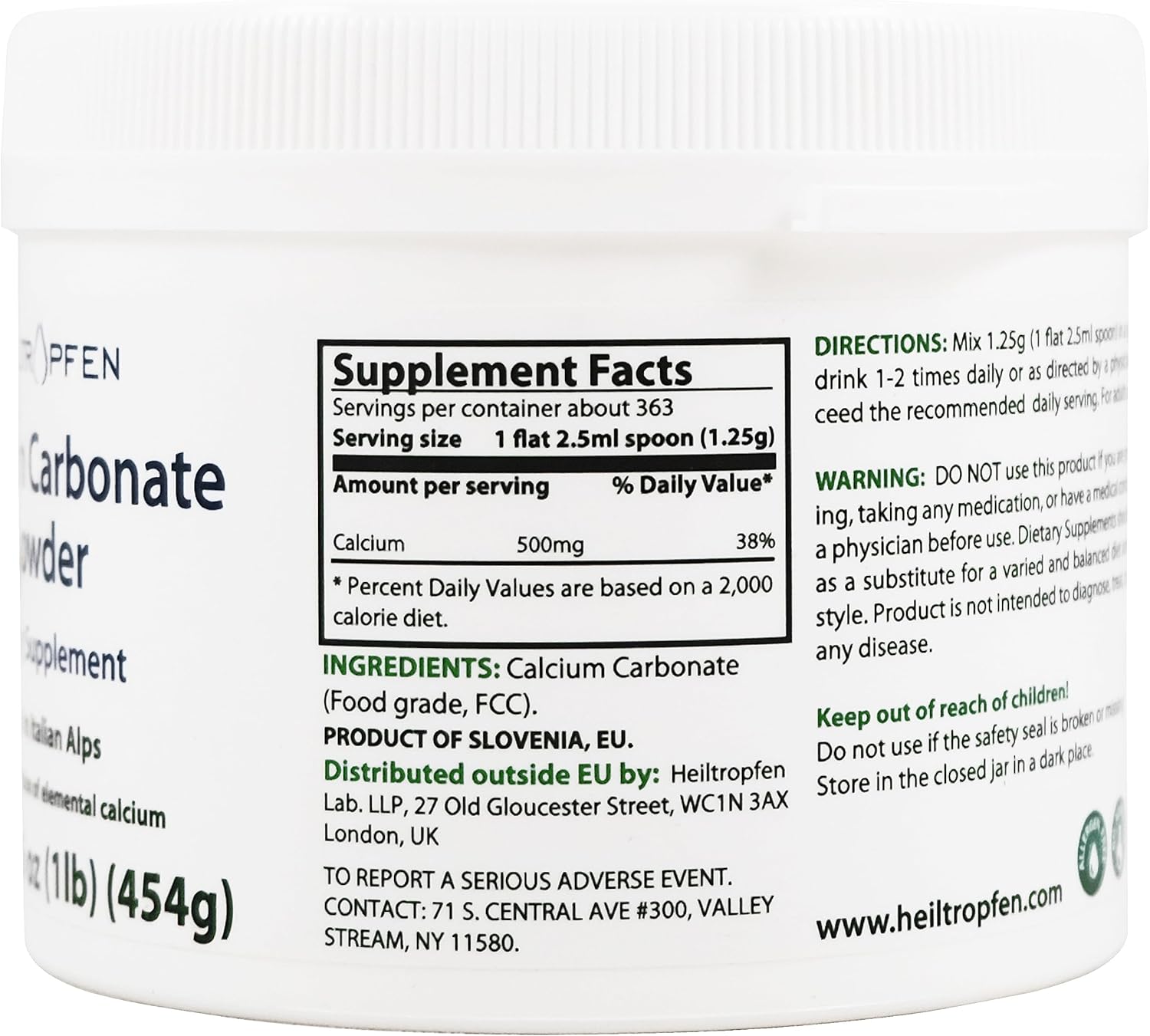 1 lb Calcium Carbonate Powder - 454g | Dietary Supplement | Highest Purity Limestone | CaCO3 | Heiltropfen®