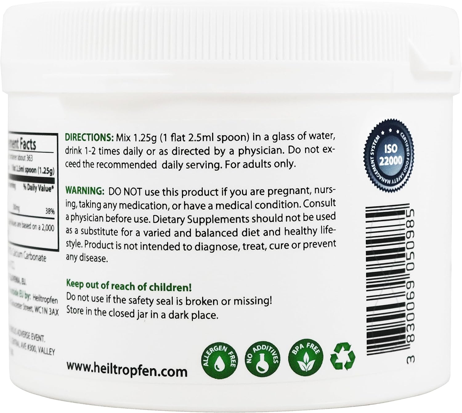 1 lb Calcium Carbonate Powder - 454g | Dietary Supplement | Highest Purity Limestone | CaCO3 | Heiltropfen®