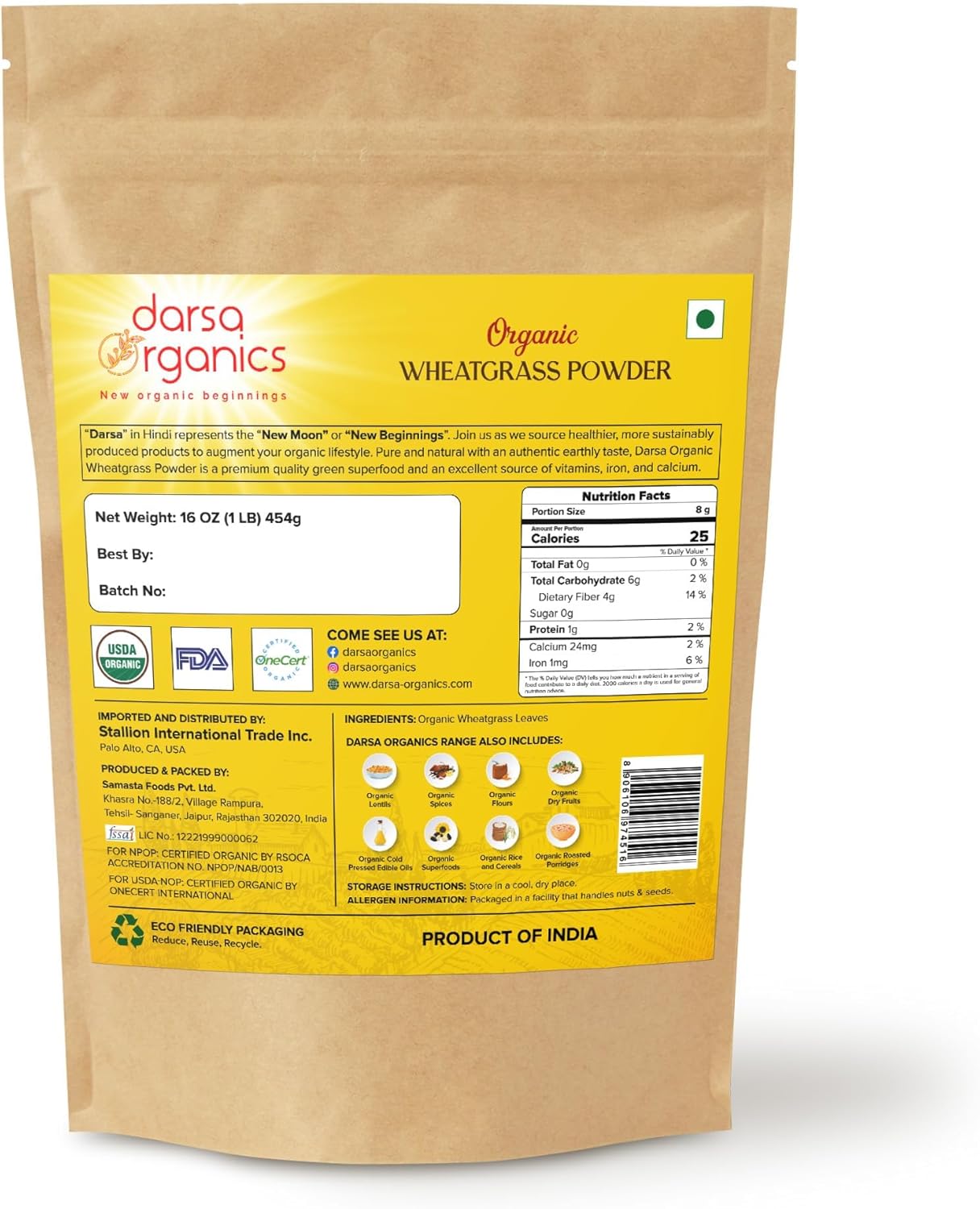 1 lb Darsa Organics Wheatgrass Powder - Non-GMO, Gluten-Free, Kosher, Rich in Vitamins A, C & E, Boosts Energy, Vitality & Digestive Health from India - BoostGo Australia