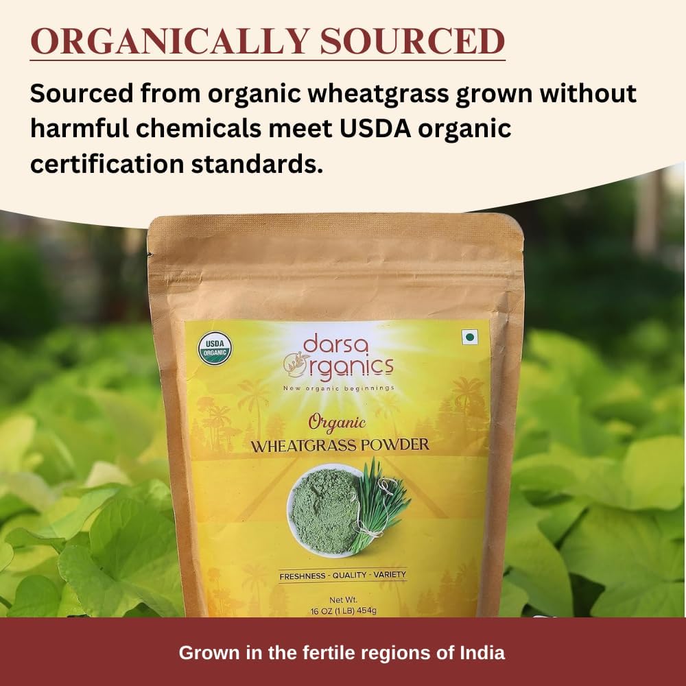 1 lb Darsa Organics Wheatgrass Powder - Non-GMO, Gluten-Free, Kosher, Rich in Vitamins A, C & E, Boosts Energy, Vitality & Digestive Health from India - BoostGo Australia