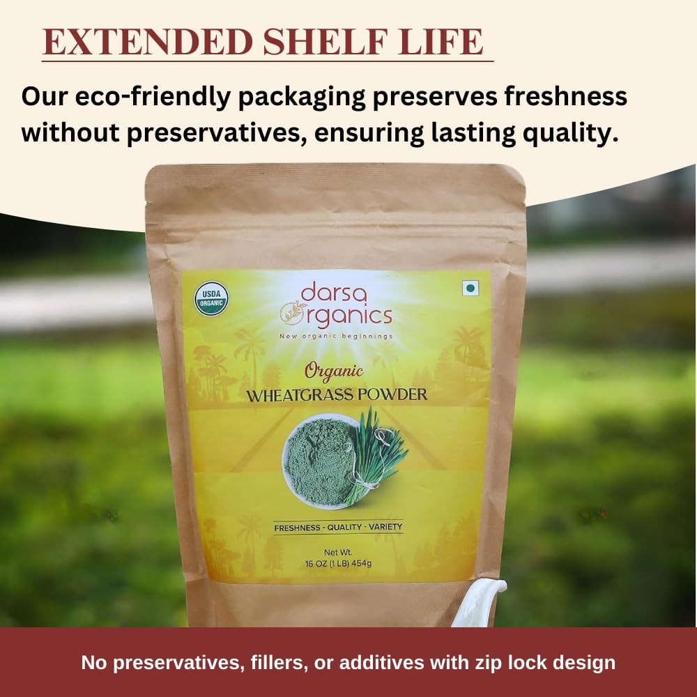 1 lb Darsa Organics Wheatgrass Powder - Non-GMO, Gluten-Free, Kosher, Rich in Vitamins A, C & E, Boosts Energy, Vitality & Digestive Health from India - BoostGo Australia