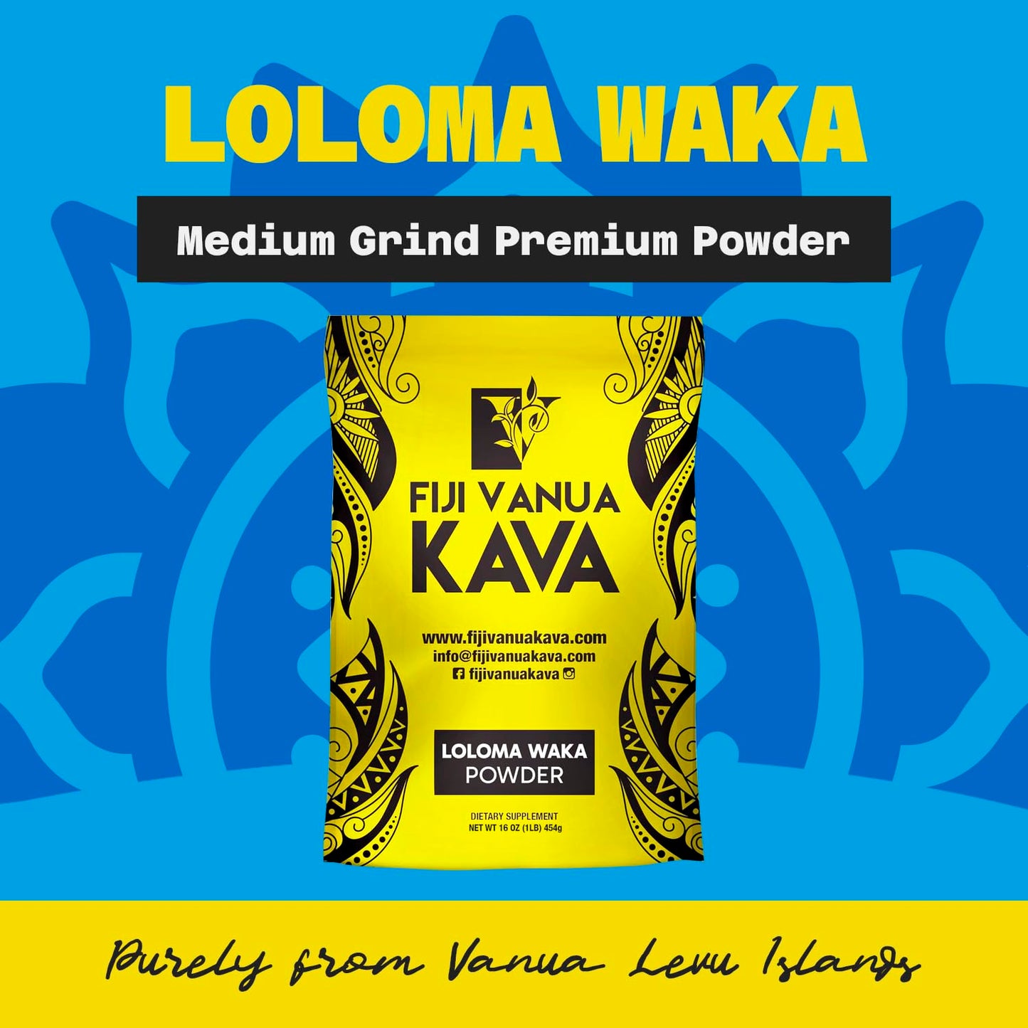 1 lb Fiji Vanua Kava Premium Loloma Waka Kava Root Powder - Noble Kava Root with Sun-dried Lateral Roots - Medium Grind for Easy Preparation - Smooth & Delicious Taste