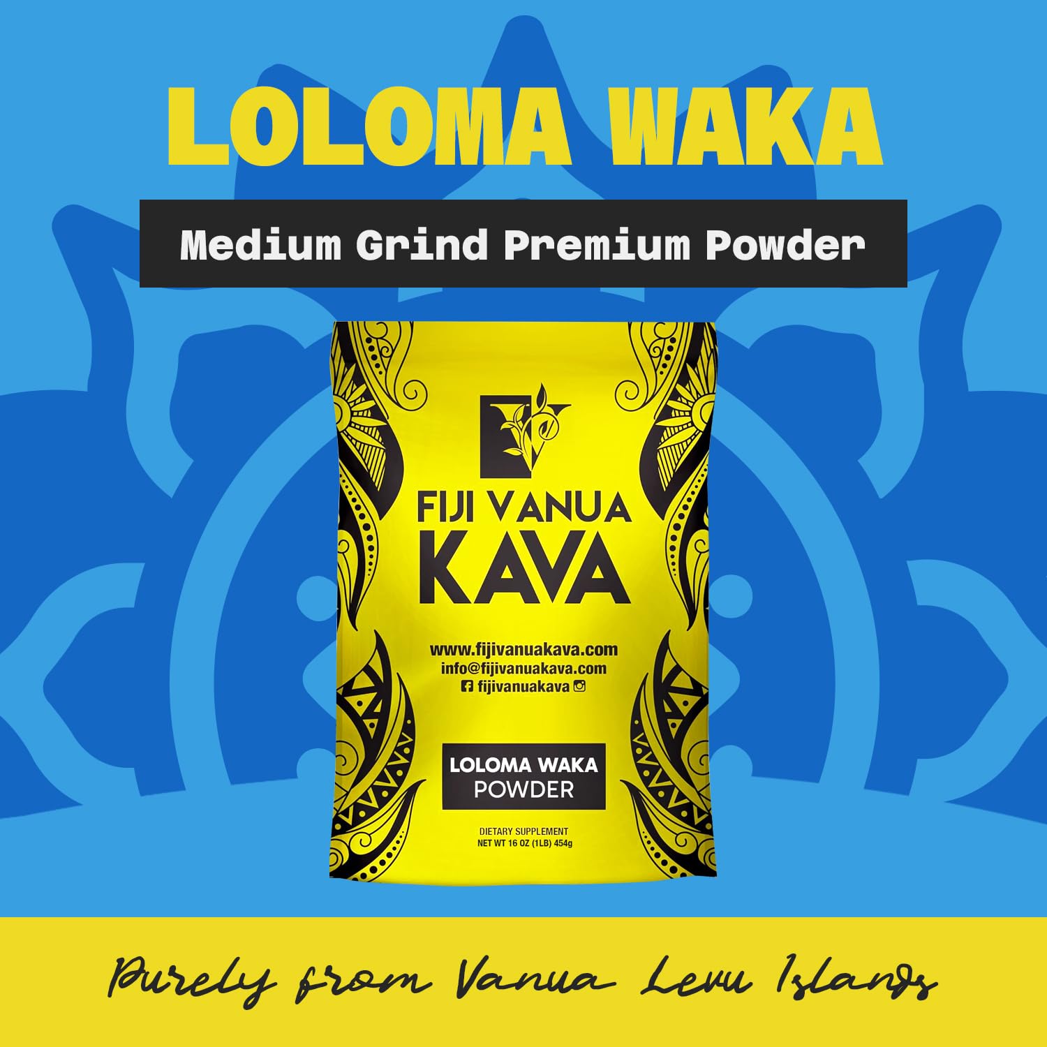 1 lb Fiji Vanua Kava Premium Loloma Waka Kava Root Powder - Noble Kava Root with Sun-dried Lateral Roots - Medium Grind for Easy Preparation - Smooth & Delicious Taste