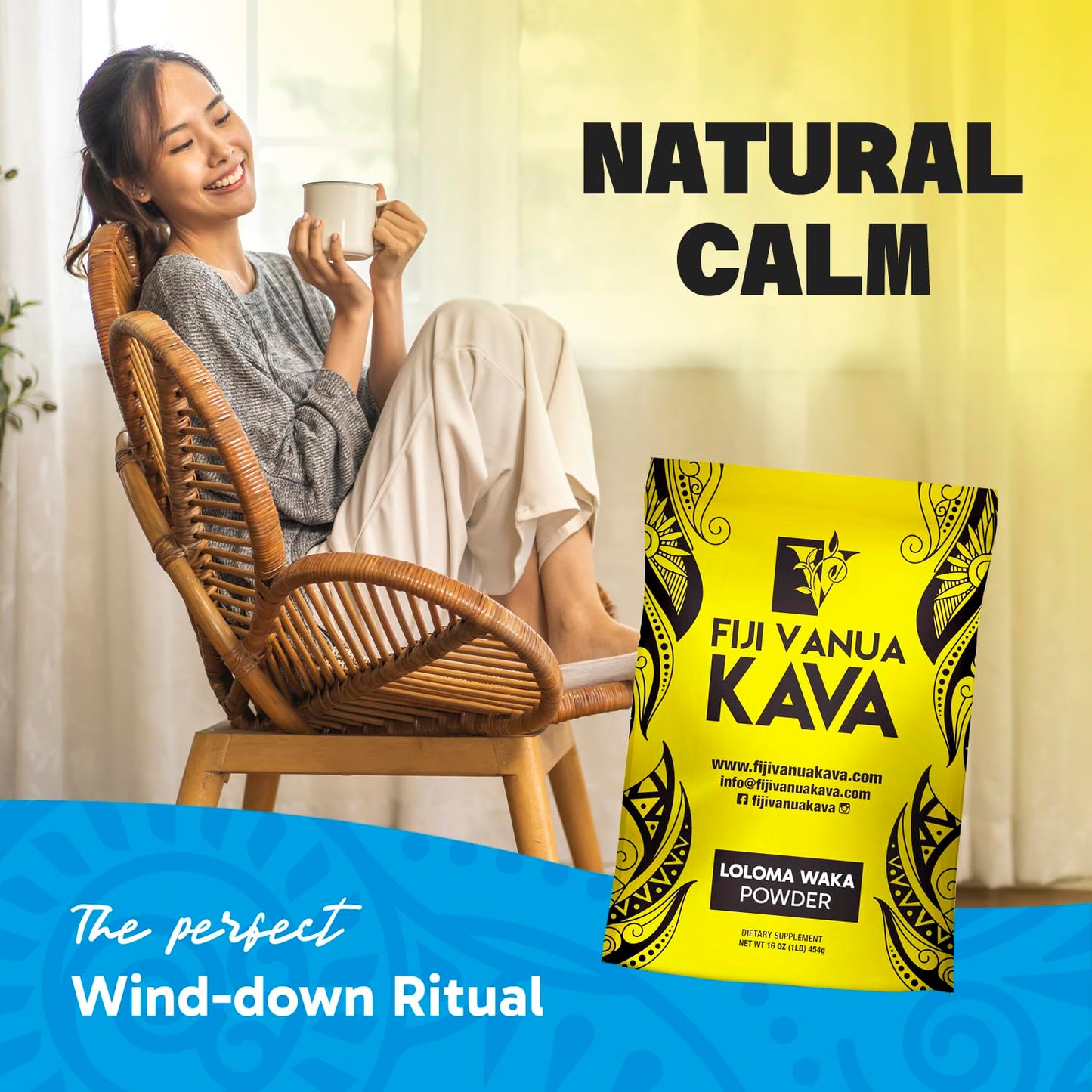 1 lb Fiji Vanua Kava Premium Loloma Waka Kava Root Powder - Noble Kava Root with Sun-dried Lateral Roots - Medium Grind for Easy Preparation - Smooth & Delicious Taste