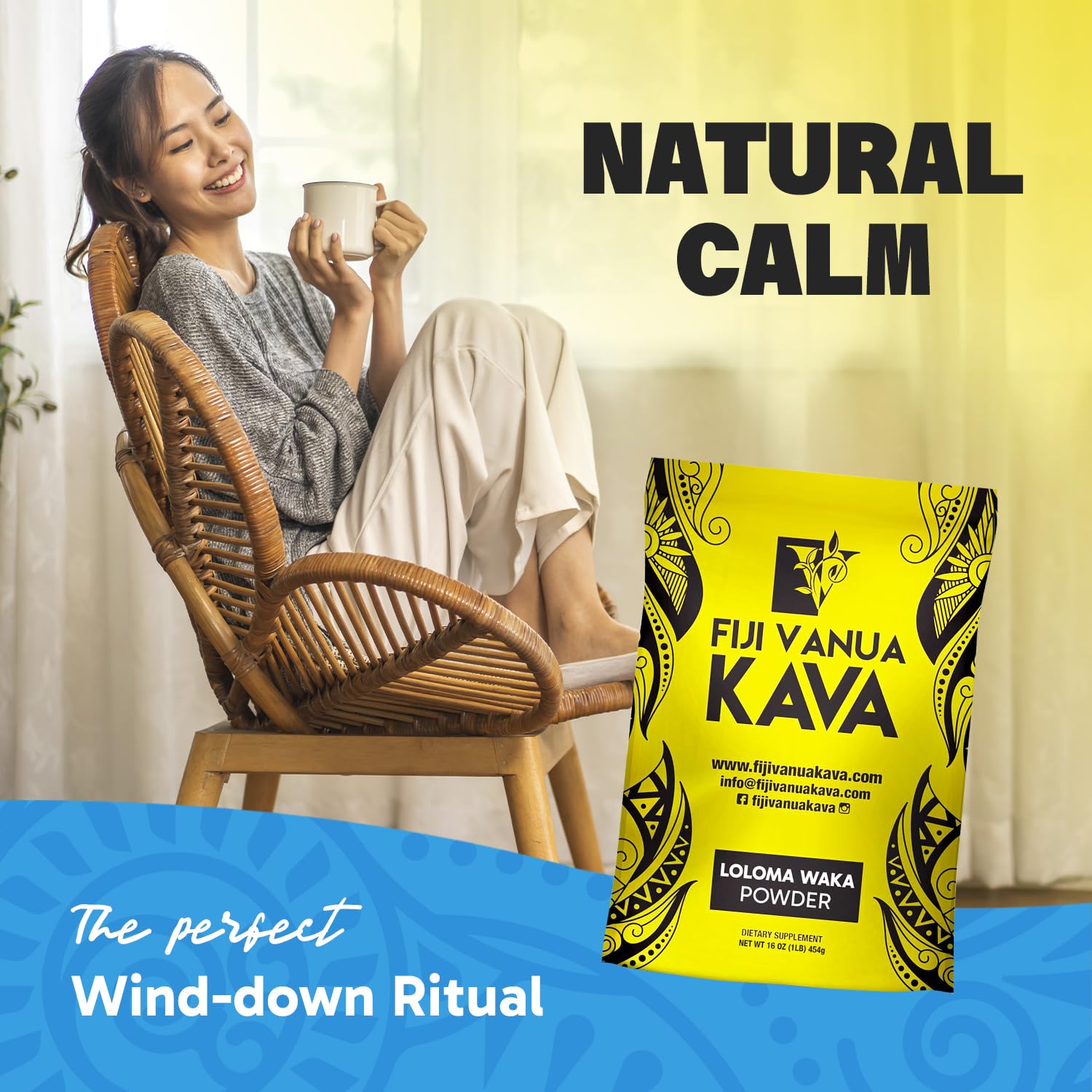 1 lb Fiji Vanua Kava Premium Loloma Waka Kava Root Powder - Noble Kava Root with Sun-dried Lateral Roots - Medium Grind for Easy Preparation - Smooth & Delicious Taste