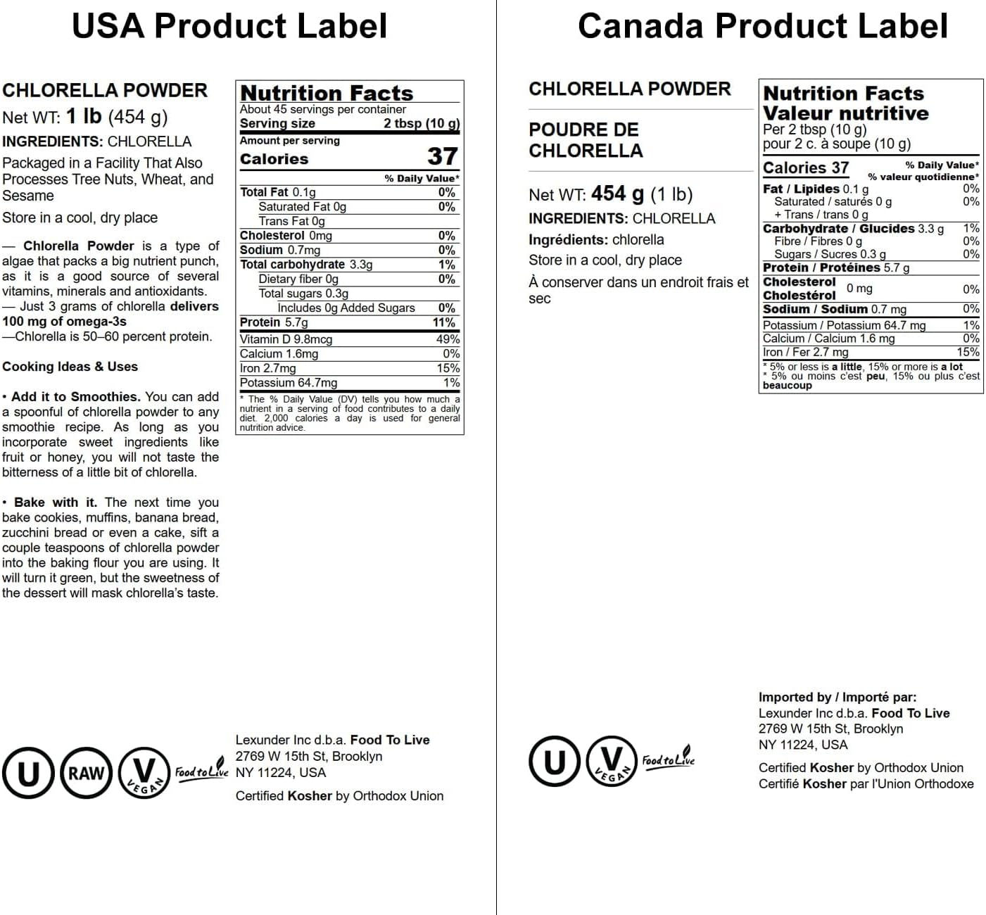 1 lb. Food to Live Chlorella Powder - Kosher, Raw Green Algae, Vegan Superfood for Drinks, Teas, Smoothies - Rich in Vitamins & Minerals