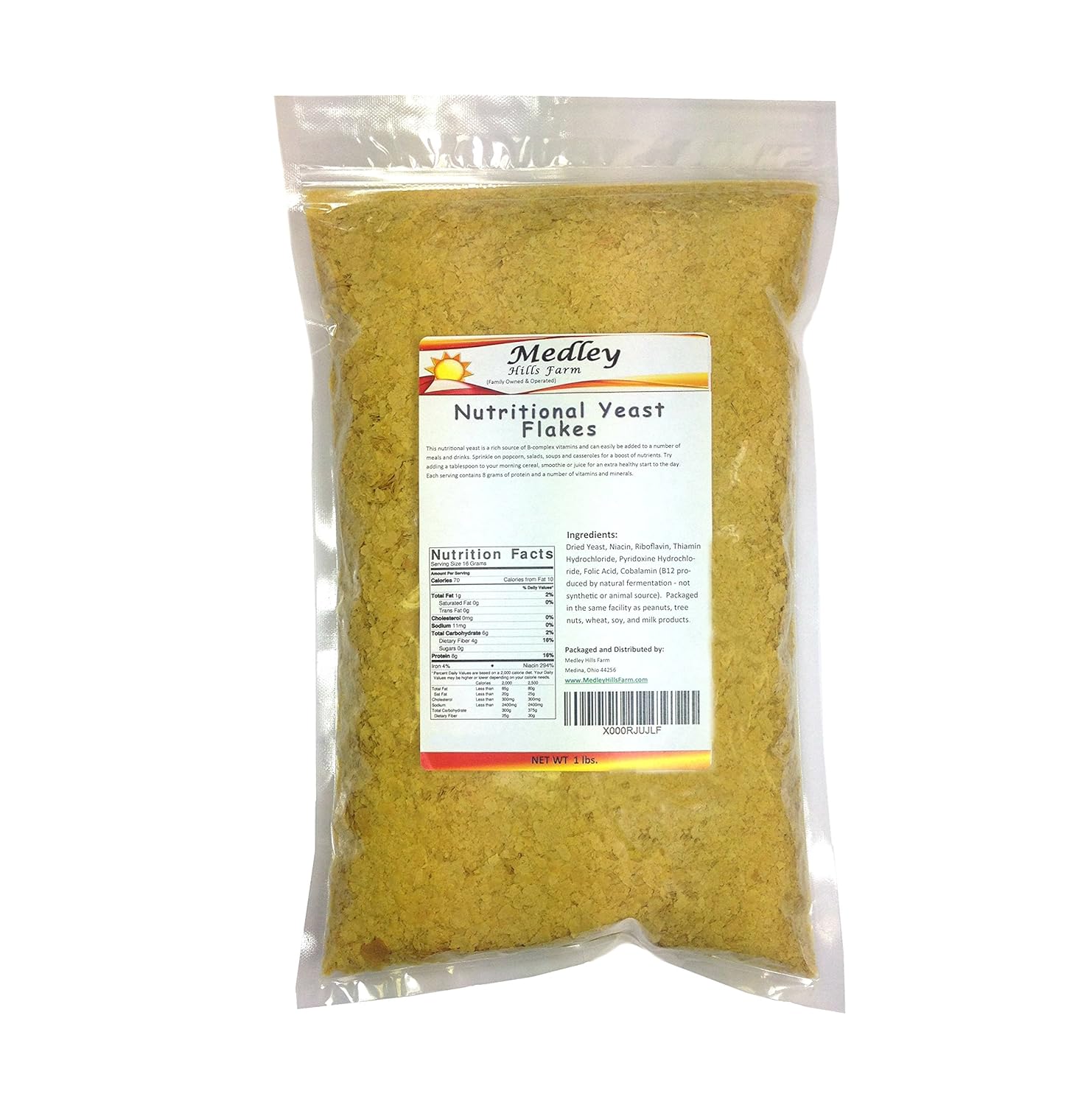 1 lb. Fortified Nutritional Yeast Flakes - Gluten Free, Non GMO, Vegan & Vegetarian Support - Medley Hills Farm