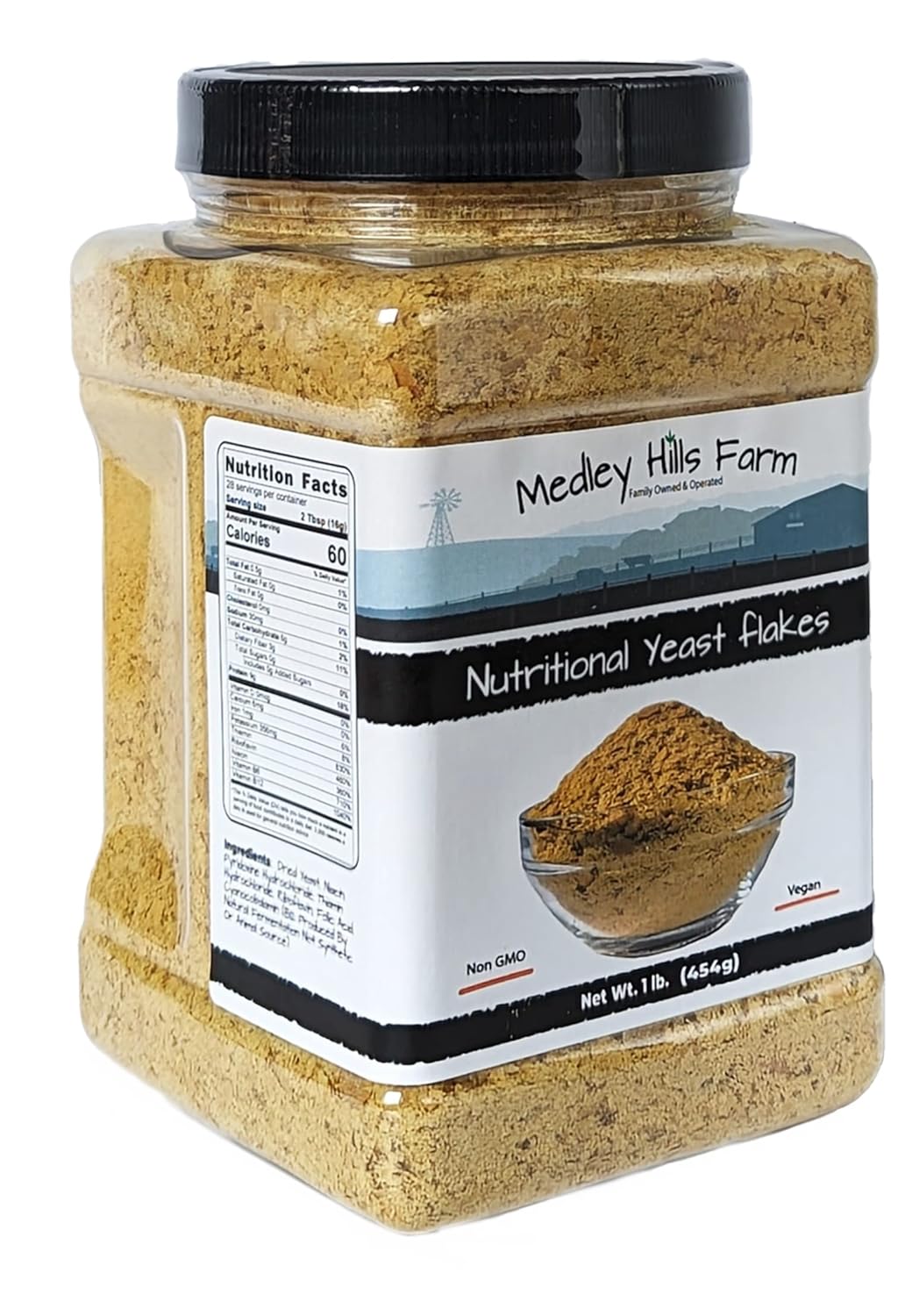 1 Lb. Fortified Nutritional Yeast Flakes by Medley Hills Farm - Non GMO, Vegan, Gluten Free - Reusable Container Included