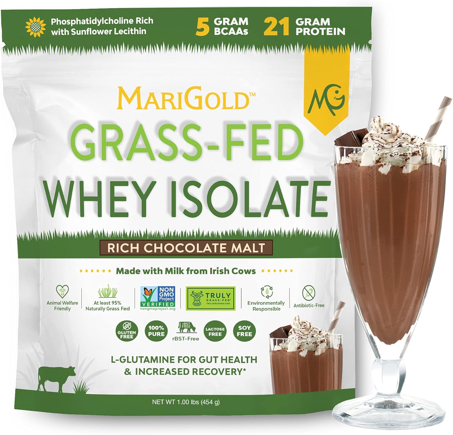 1 lb Grass-fed Whey Protein Isolate Powder - Rich Chocolate Malt Flavored - Cold-Processed, Non-GMO, rBGH Free