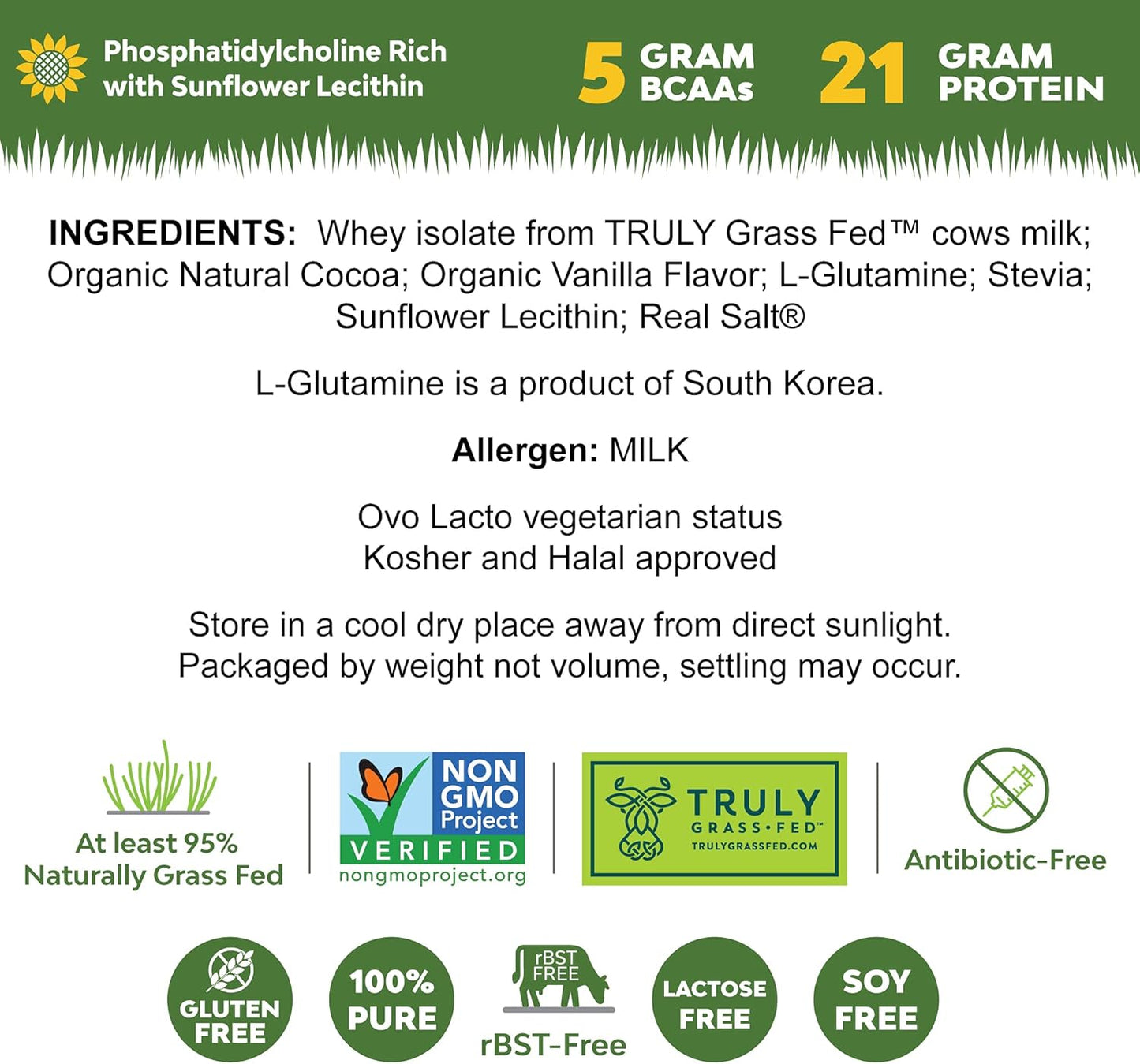 1 lb Grass-fed Whey Protein Isolate Powder - Rich Chocolate Malt Flavored - Cold-Processed, Non-GMO, rBGH Free