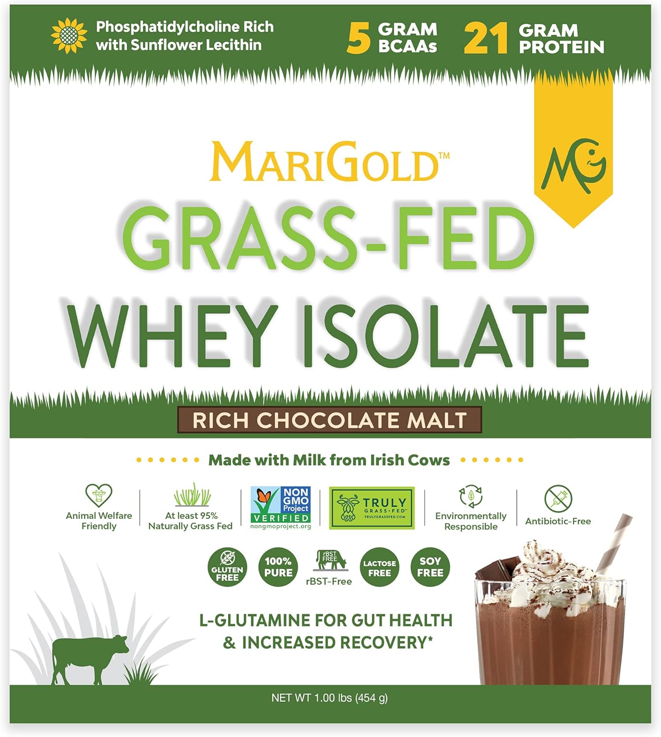 1 lb Grass-fed Whey Protein Isolate Powder - Rich Chocolate Malt Flavored - Cold-Processed, Non-GMO, rBGH Free