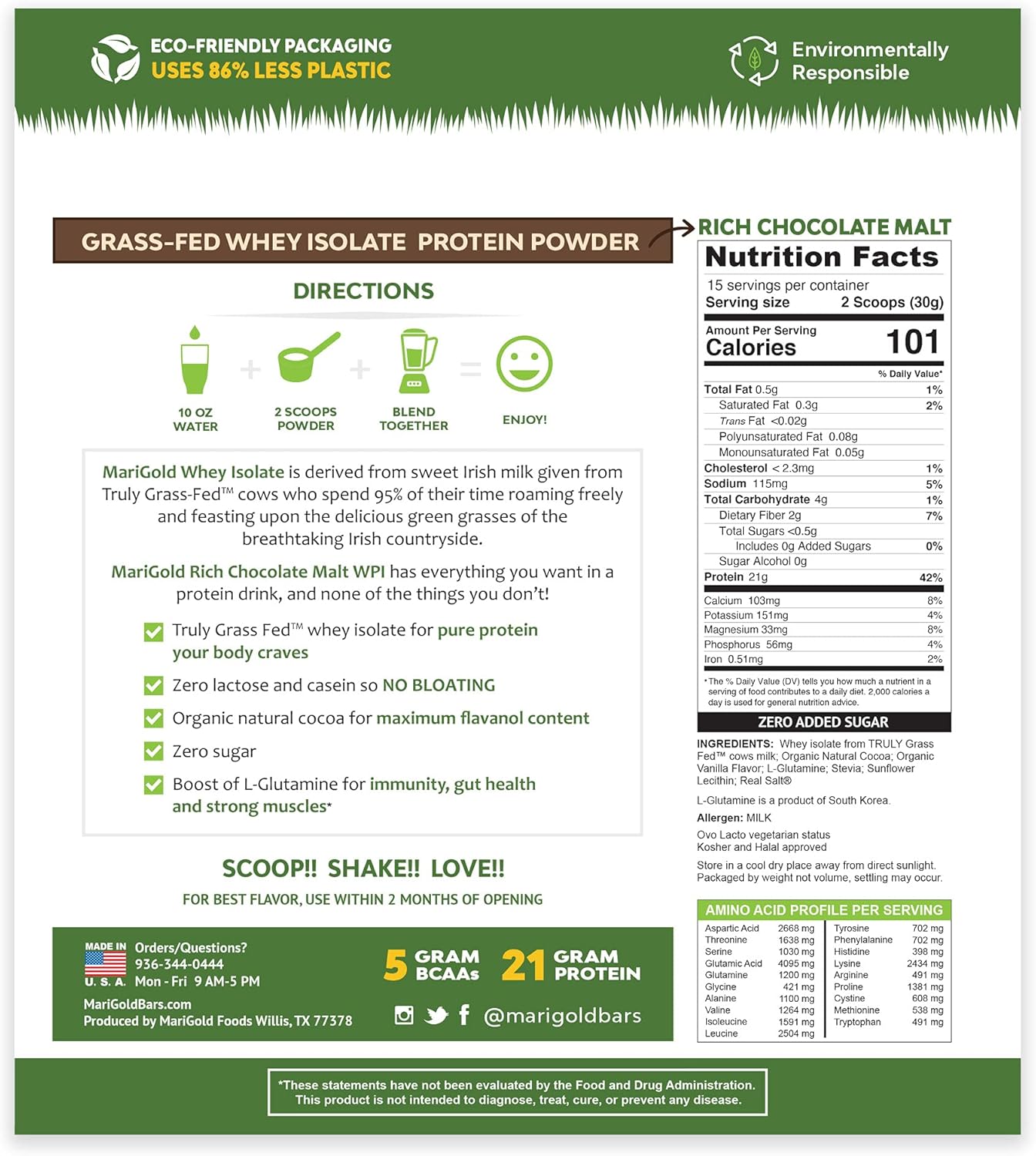 1 lb Grass-fed Whey Protein Isolate Powder - Rich Chocolate Malt Flavored - Cold-Processed, Non-GMO, rBGH Free