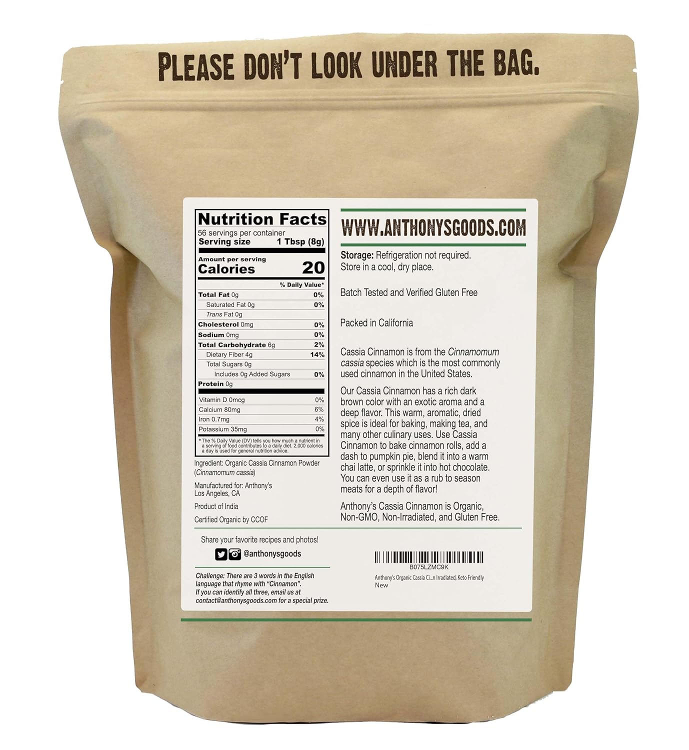 1 lb Ground Organic Cassia Cinnamon Powder - Gluten Free, Non GMO, Non Irradiated, Keto Friendly by Anthony