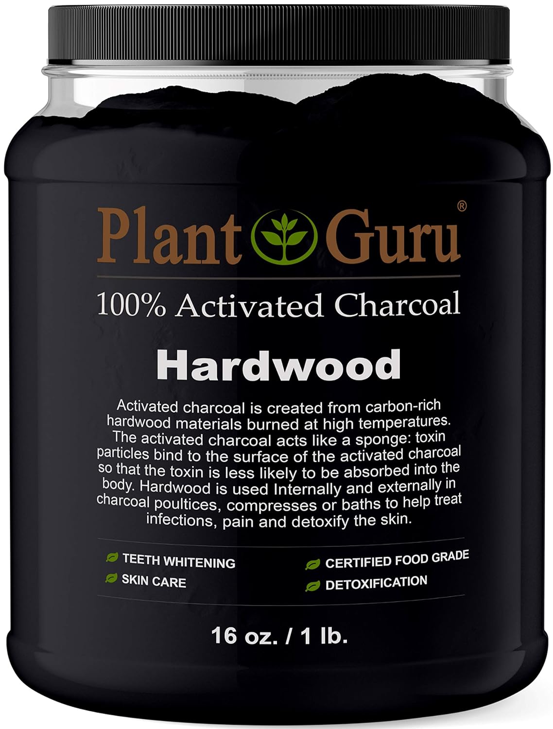1 lb. Jar of Plant Guru Hardwood Activated Charcoal Powder - Food Grade Kosher Non-GMO - Ideal for Teeth Whitening, Masks, Soap - Natural Detox and Digestion Support