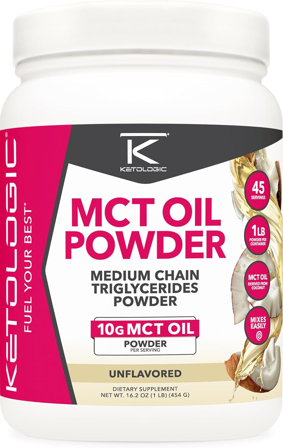 1 LB Ketologic MCT Oil Powder - Unflavored Medium Chain Triglycerides Supplement - 45 Servings