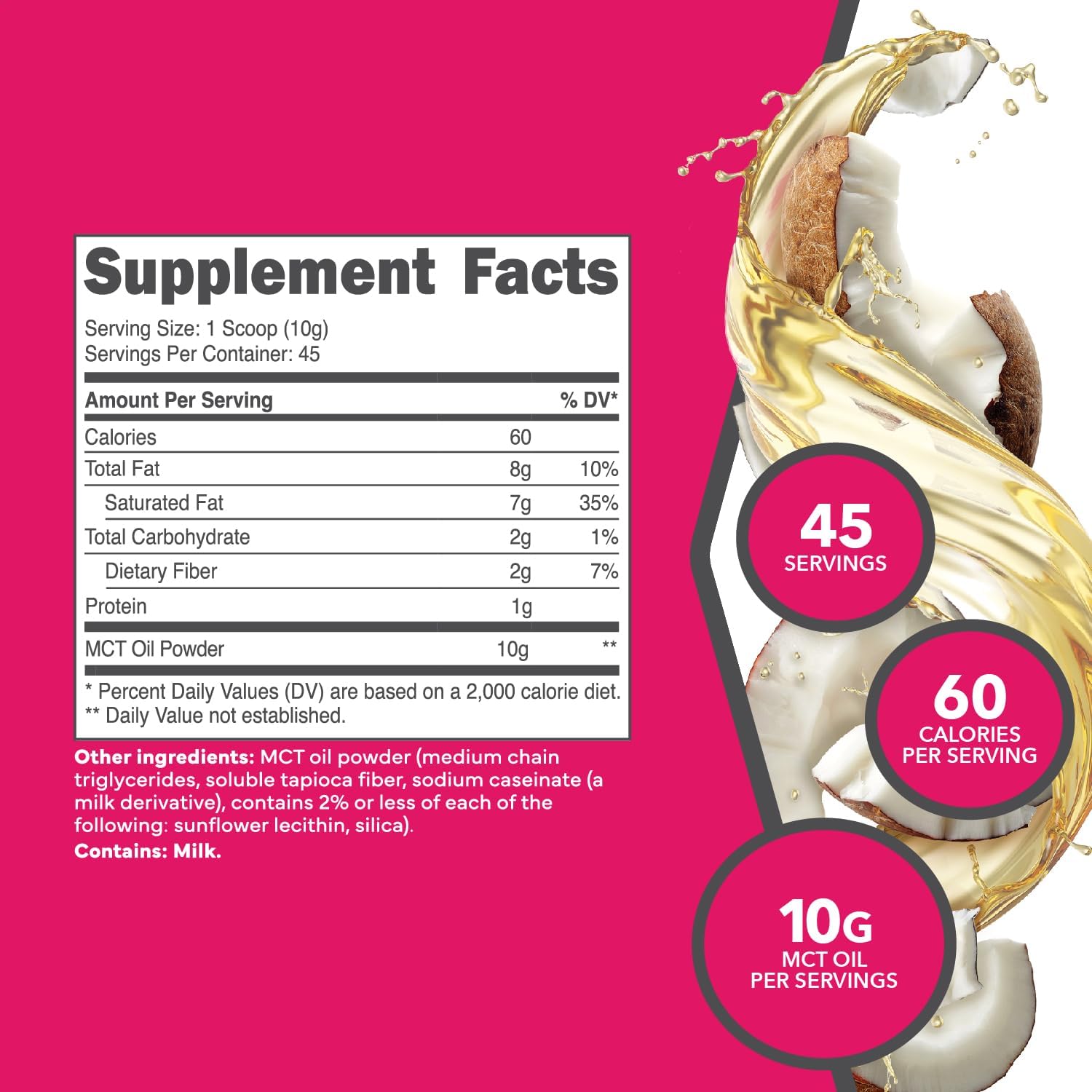 1 LB Ketologic MCT Oil Powder - Unflavored Medium Chain Triglycerides Supplement - 45 Servings