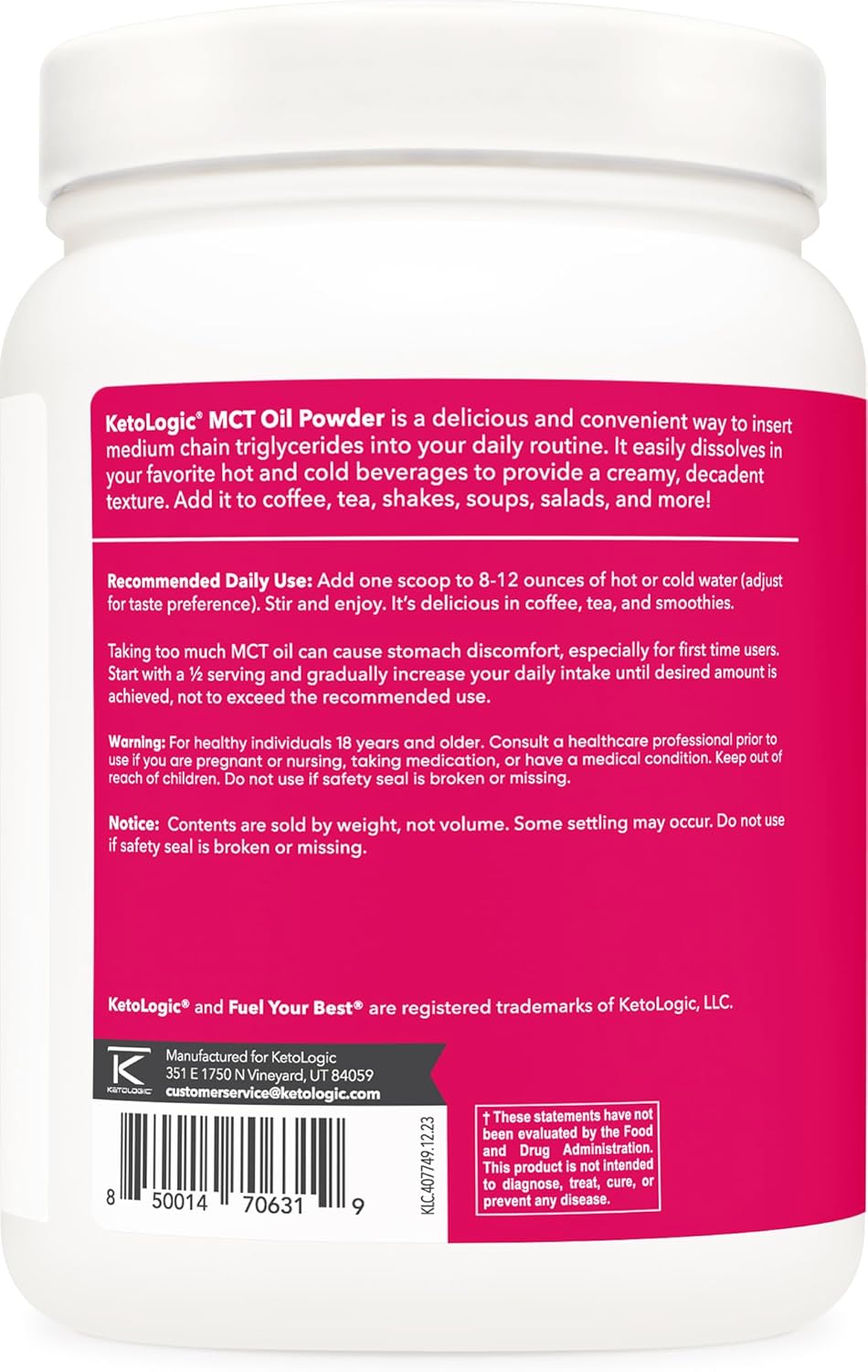 1 LB Ketologic MCT Oil Powder - Unflavored Medium Chain Triglycerides Supplement - 45 Servings