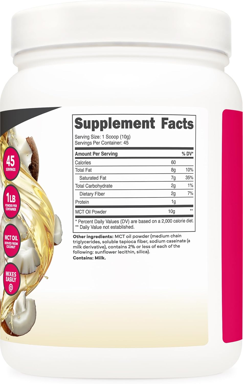 1 LB Ketologic MCT Oil Powder - Unflavored Medium Chain Triglycerides Supplement - 45 Servings