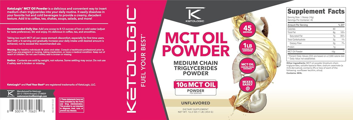 1 LB Ketologic MCT Oil Powder - Unflavored Medium Chain Triglycerides Supplement - 45 Servings
