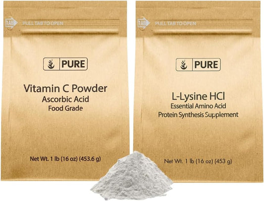 1 lb L-Lysine HCI and Vitamin C Powder Bundle - Pure Non-GMO Supplements, Gluten Free - Dietary Support