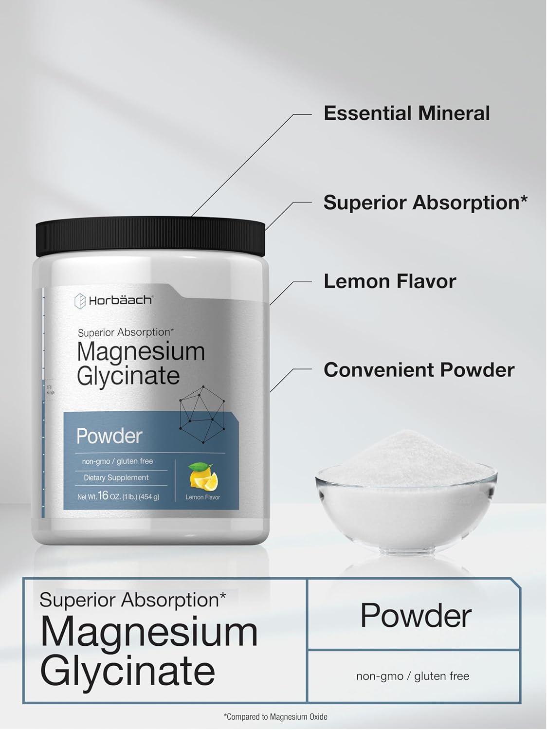 1 lb Lemon Flavored Horbäach Magnesium Glycinate Powder for Superior Absorption - Non-GMO & Gluten Free