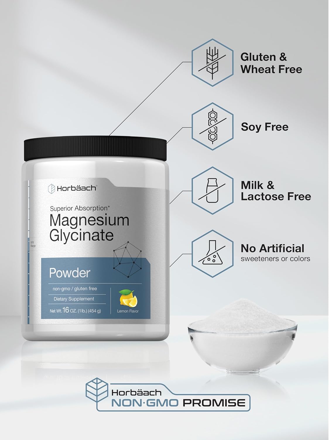 1 lb Lemon Flavored Horbäach Magnesium Glycinate Powder for Superior Absorption - Non-GMO & Gluten Free