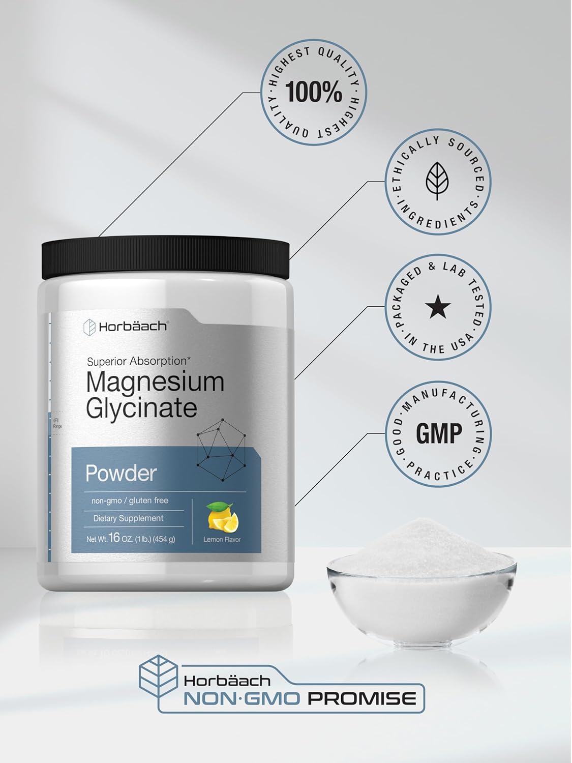 1 lb Lemon Flavored Horbäach Magnesium Glycinate Powder for Superior Absorption - Non-GMO & Gluten Free