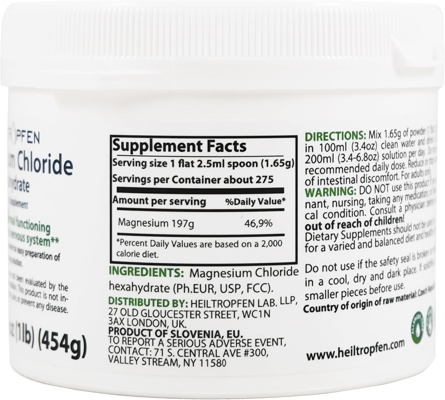 1 lb Magnesium Chloride Hexahydrate Crystal Powder | Pharmaceutical Grade Pure Ingredients | Ph. EUR., BP, USP Certified | Heiltropfen®