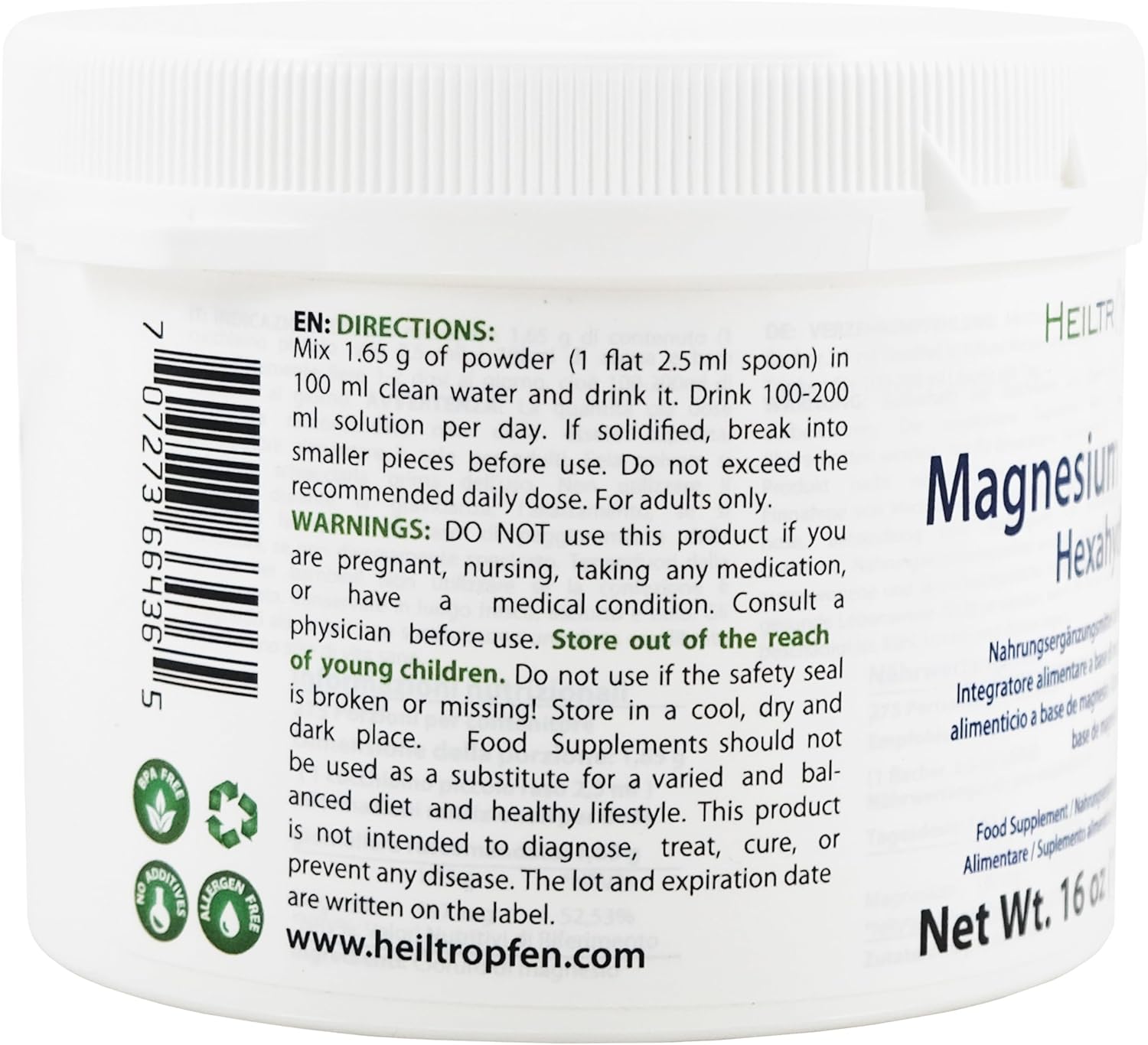 1 lb Magnesium Chloride Hexahydrate Crystal Powder | Pharmaceutical Grade Pure Ingredients | Ph. EUR., BP, USP Certified | Heiltropfen®