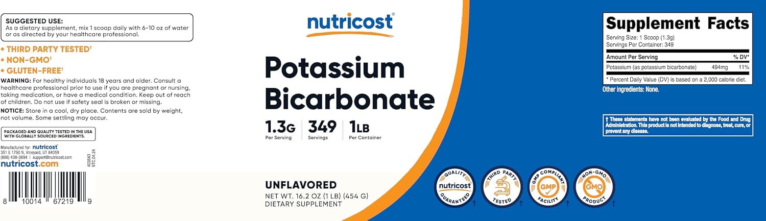 1 LB Nutricost Potassium Bicarbonate Powder - Gluten Free, Non-GMO - High-Quality Dietary Supplement