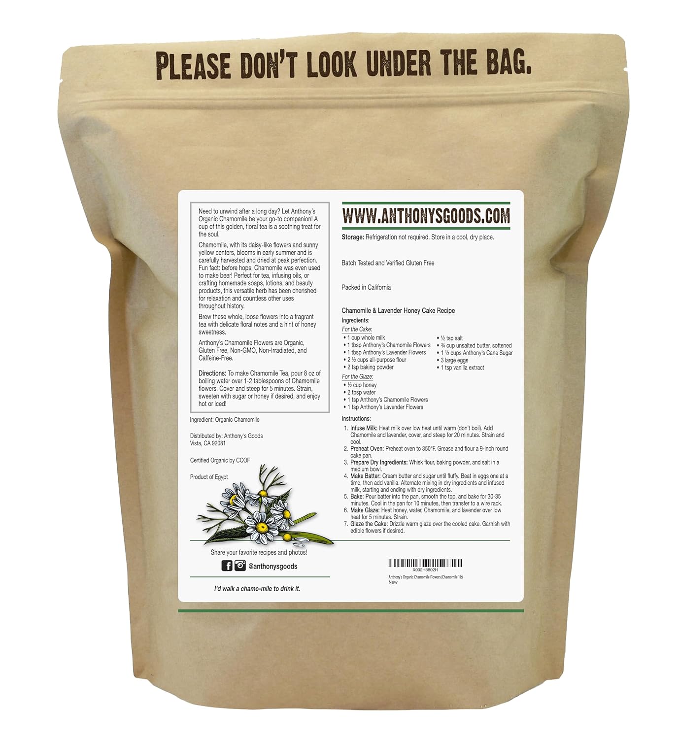 1 lb of Anthony's Organic Chamomile Flowers - Whole, Loose Leaf, Gluten Free, Non GMO, Non Irradiated