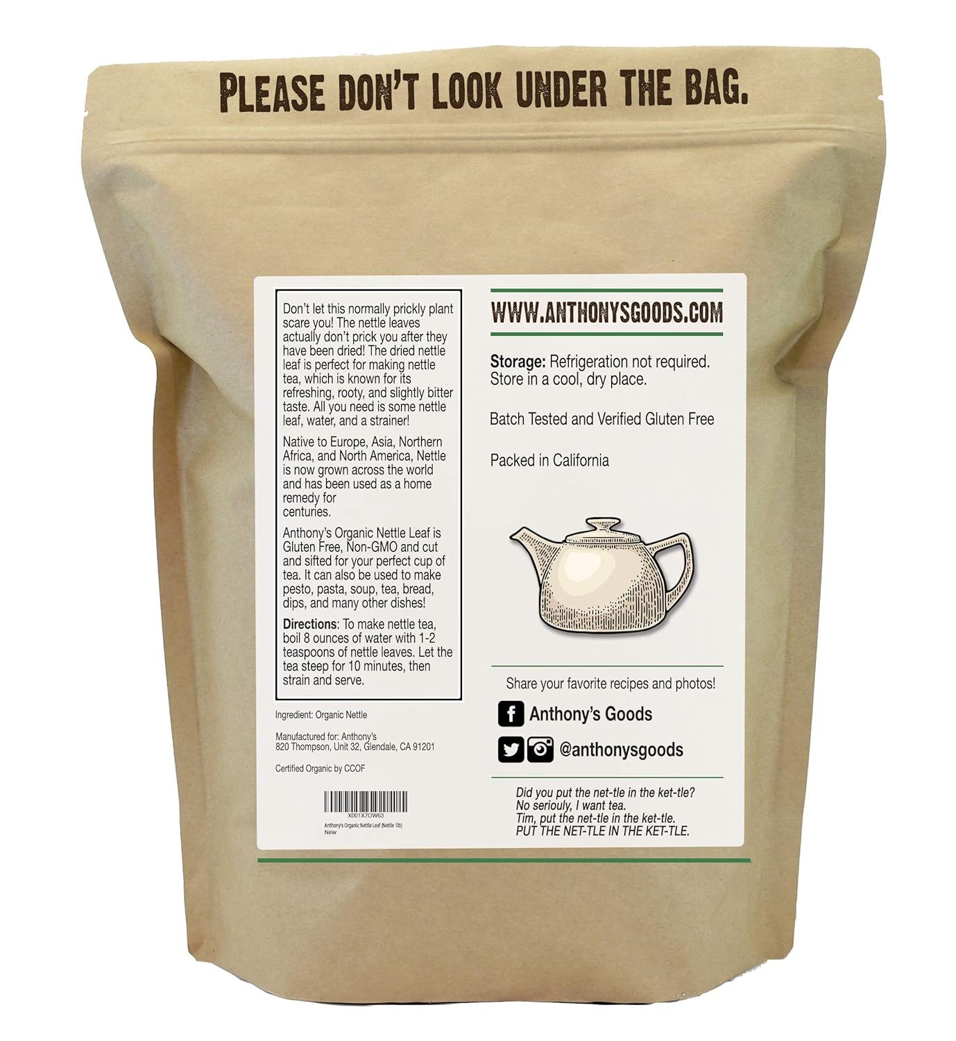 1 lb of Anthony's Organic Nettle Leaf - Gluten Free, Non GMO, Cut & Sifted, Non Irradiated, Keto Friendly