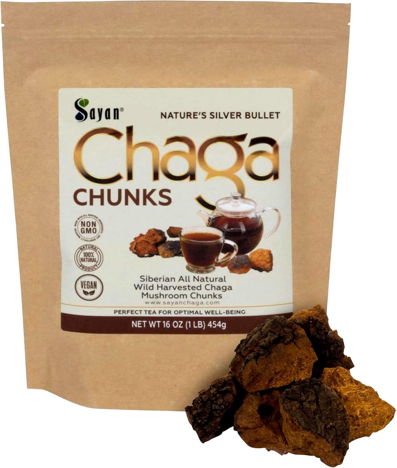 1 lb Premium Wild-Harvested Sayan Siberian Chaga Mushroom Chunks with Black Top Crust - Raw & Pure Antioxidant Tea for Immune Support, Focus, Digestive Health - Non-GMO - 16 Oz