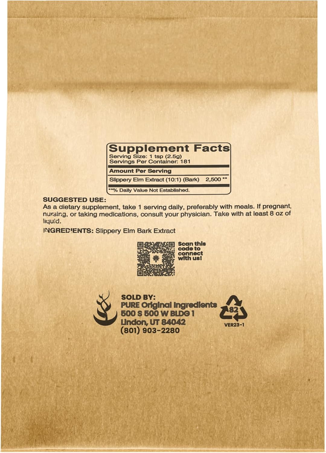 1 lb Pure Slippery Elm Bark Powder - Original Ingredients, Vegan & Gluten-Free