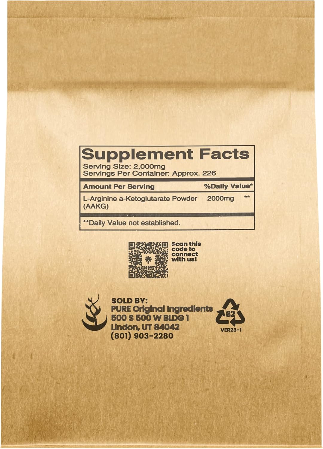 1 lb Unflavored L-Arginine a-Ketoglutarate (AAKG) Powder with Pure Original Ingredients - Non-GMO, Resealable Packaging