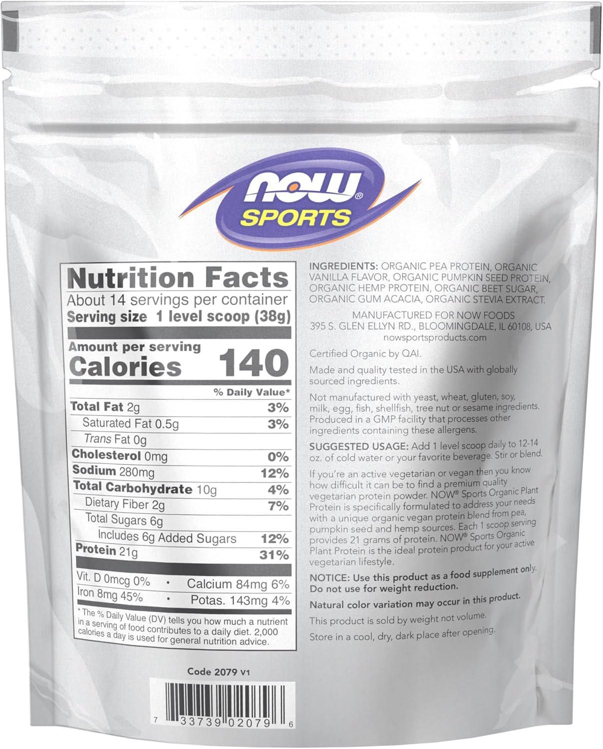 1 lb Vanilla Vegan Plant Protein Powder by NOW Foods Sports