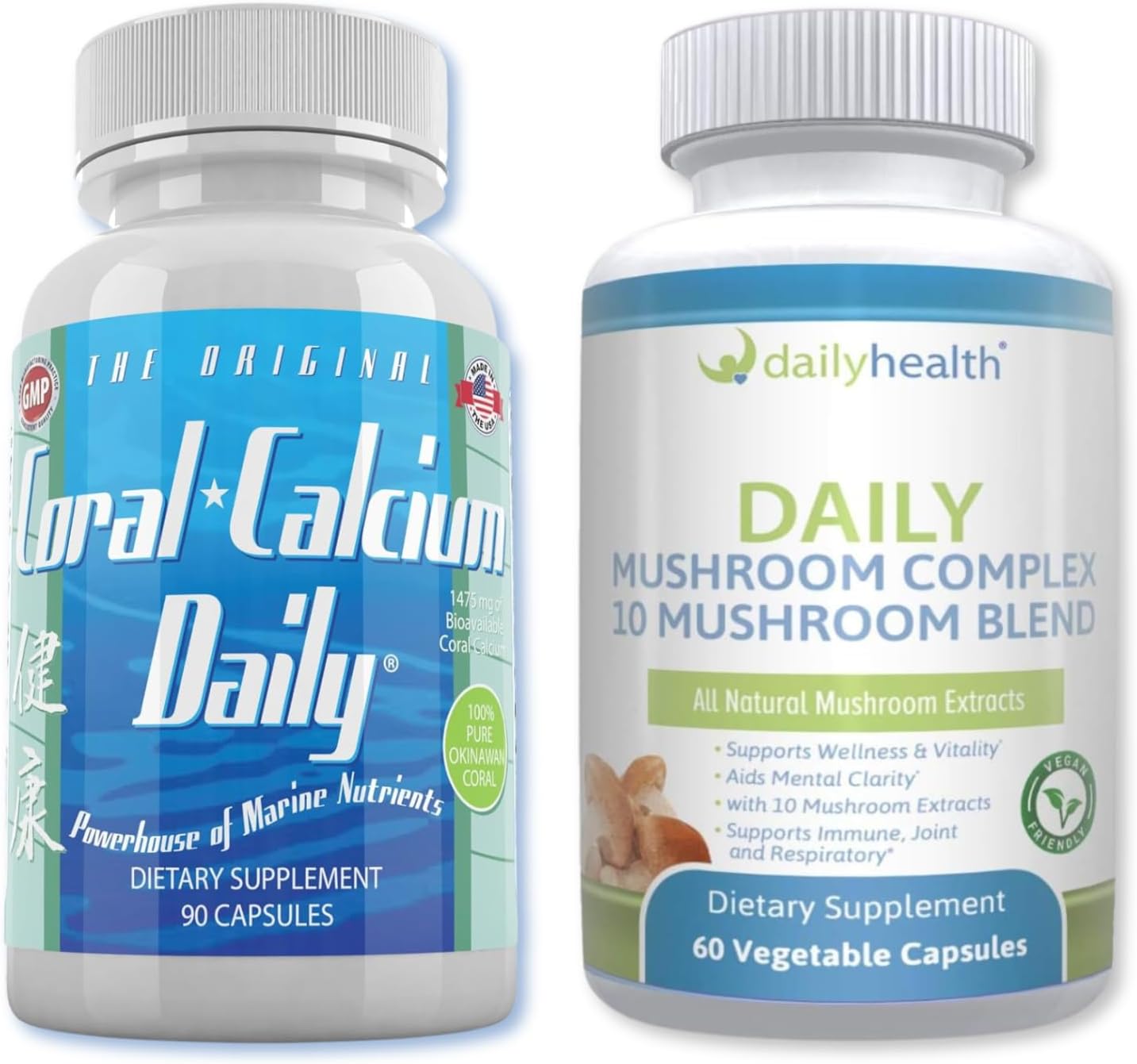 1 Month Supply of Daily Health Coral Calcium & 10 Mushroom Blend Complex - Boost Your Health Every Day