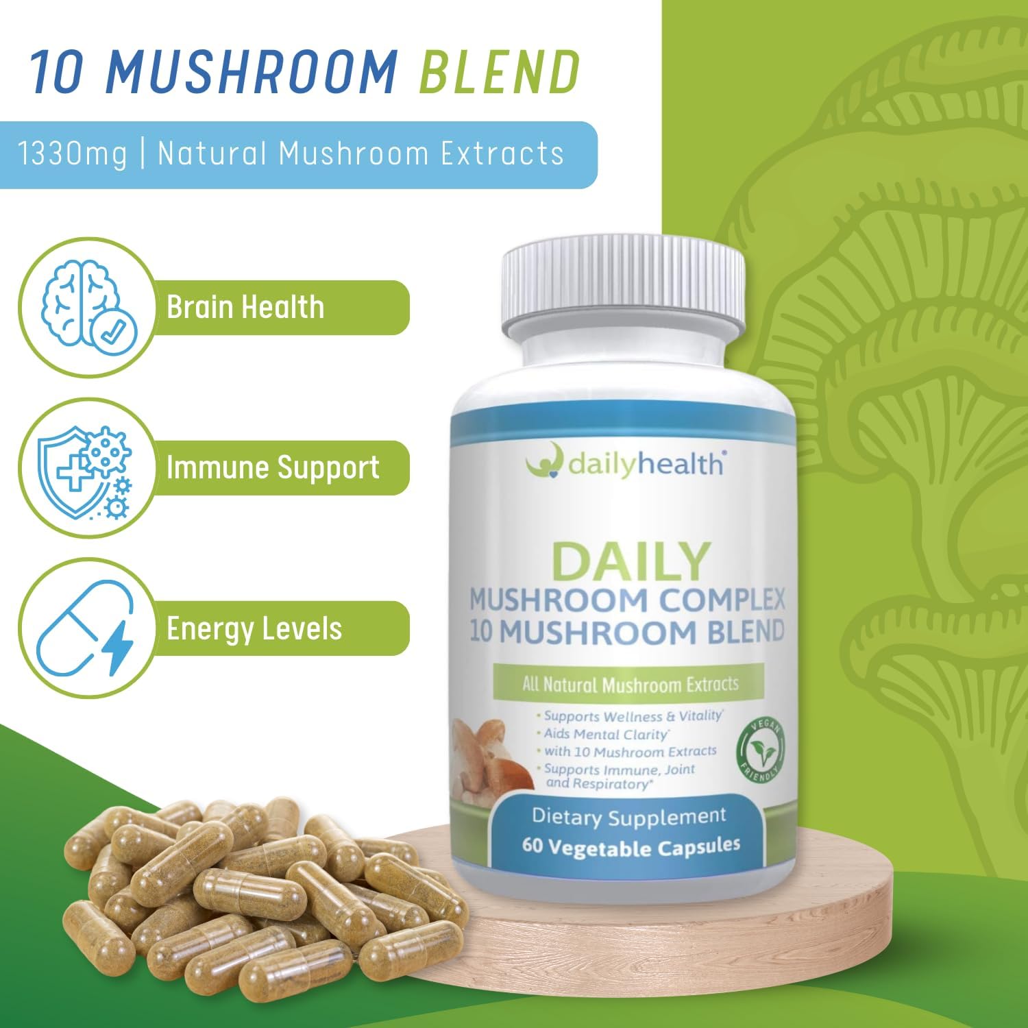 1 Month Supply of Daily Health Coral Calcium & 10 Mushroom Blend Complex - Boost Your Health Every Day