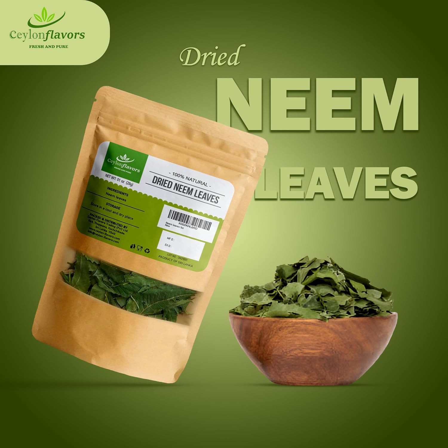 1 oz of CeylonFlavors Fresh and Pure Dried Neem Leaves from Naturally Grown Trees