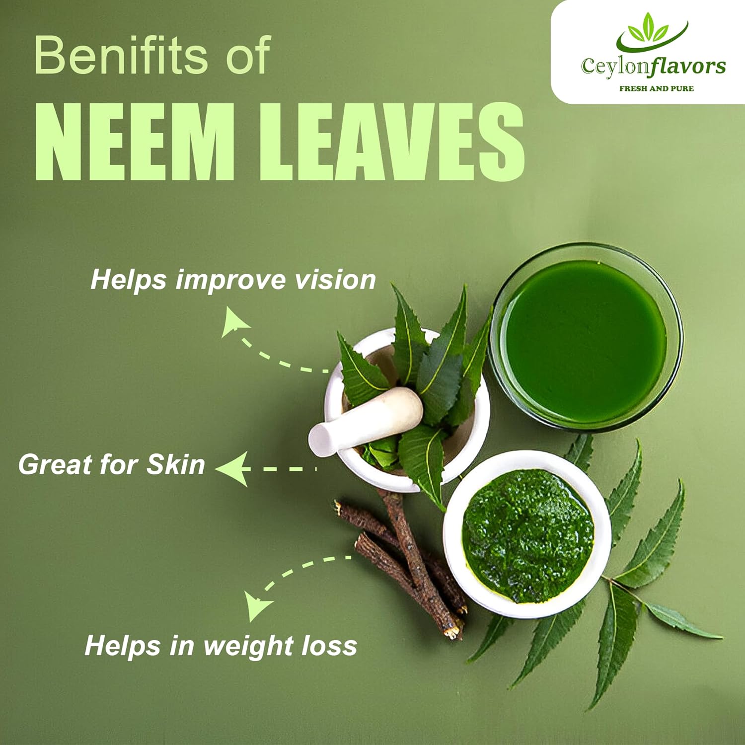 1 oz of CeylonFlavors Fresh and Pure Dried Neem Leaves from Naturally Grown Trees