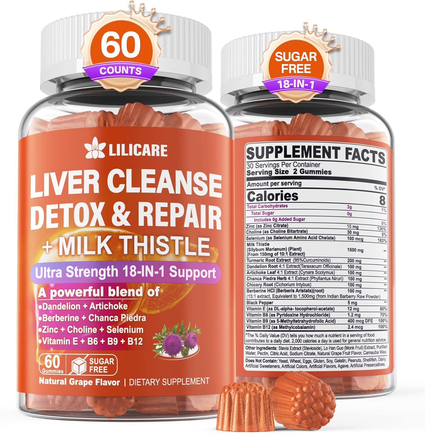 1 Pack Liver Detox Gummies with Milk Thistle & Organic Ingredients - Liver Cleanse Supplement with Vitamins B6 B9 B12 - 18-in-1 Detox & Repair Formula